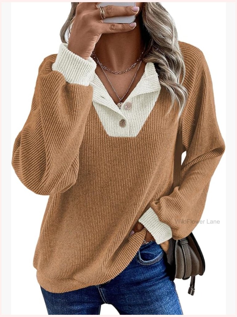 Long Sleeve Patchwork V Neck Button Up Sweatshirt Pullover Top